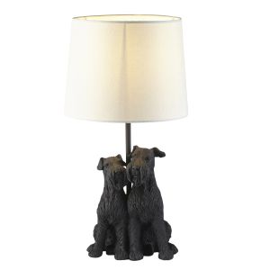 Westie 1 Light E27 Matt Black Dog Duo Table Lamp With Inline Switch C/W Natural fabric Shade
