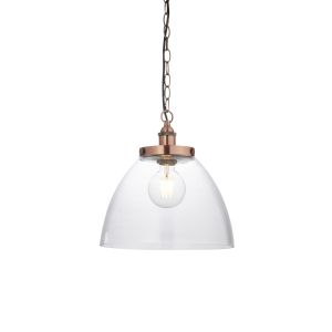 Hansen 1 Light E27 Aged Copper Retro Style Adjustable Pendant With Knurled Lamp Holder Details C/W Clear Glass Shade