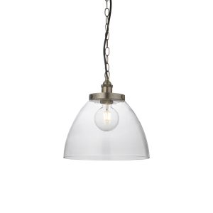 Hansen 1 Light E27 Brushed Silver Retro Style Adjustable Pendant With Knurled Lamp Holder Details C/W Clear Glass Shade