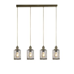 Pipes 4 Light Bar Pendant, Antique Brass With Seeded Glass