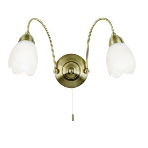 Petal 2 Light E14 Antique Brass Wall Light With Pull Cord Switch C/W Matt Opal Glass Shades