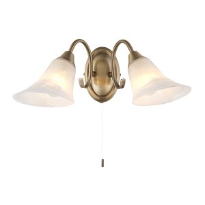 Hardwick 2 Light E14 Antique Brass Wall Light With Pull Cord Switch C/W Frosted Glass Shades