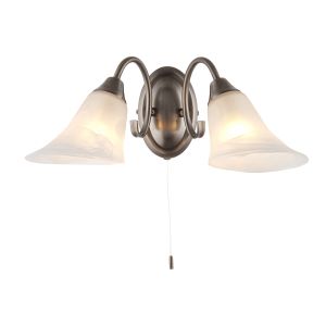 Hardwick 2 Light E14 Antique Silver Wall Light With Pull Cord Switch C/W Frosted Glass Shades