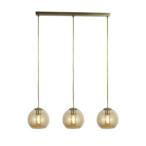 Pendant 3 Light Bar, Antique Brass With Amber Glass