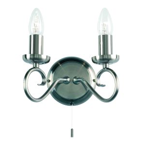 Trafford 2 Light E14 Antique Silver Wall Light With Pull Cord Switch