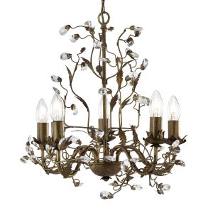 Qubendite - 5 Light Ceiling, Brown Gold Finish With Leaf Dressing And Clear Crystal Deco