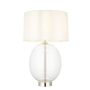 Nera 1 Light E27 Polished Nickel & Oval Glass Table Lamp With 3 Stage Touch Dimmer Switch C/W Vintage White Fabric Shade