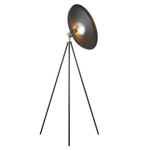 Tara 1 Light E27 Matt Black Coned Adjustable Tripod Floor Lamp With Nickel Detail With Toggle Switch