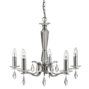 Royale 5 Light Ceiling, Satin Silver, Hexagonal Clear Glass Sconces & Glass Drops