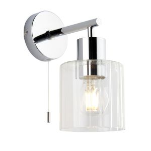 Sentry 1 Light E27 Polished Chrome IP44 Bathroom Wall Light With Clear Ribbed Glass Shade & With Pull Cord Switch