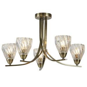 Ascona II - 5 Light Ceiling S/Flush, Antique Brass Twist Frame, Clear Twisted Glass Shades