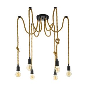 Rampside 6 Light E27 Black Adjustable Pendant With Rope Detail