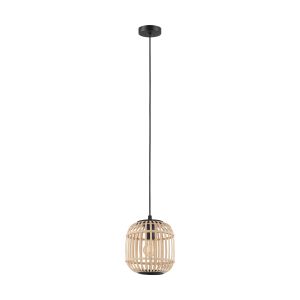 Bordesley 1 Light E27 Black Adjustable Pendant With Wood Effect Shade