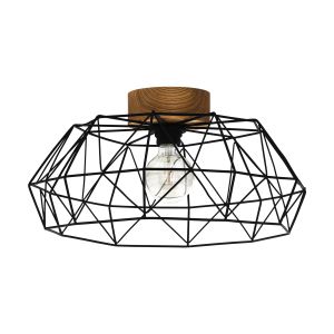 Padstow 1 Light E27 Black Flush Ceiling Light With Wood Base