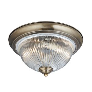 Flush - 2 Light IP44 Ceiling Flush, Antique Brass, Clear Glass