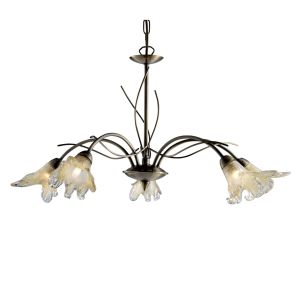 Lily 5 Light Antique Brass Fitting - Contemporary Wood Amber Petal Glass