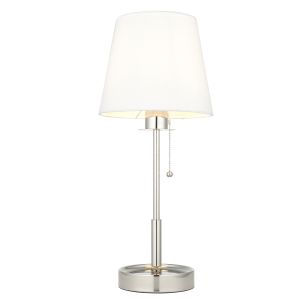 Igno 1 Light E27 Polished Nickel Vanity Table Lamp With Pull Cord Chain C/W Vintage White Tapered Fabric Shade