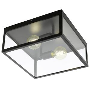 Charterhouse 2 Light E27 Black Square Flush Ceiling Light With Clear Glass Panels