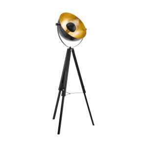 Covaleda 1 Light E27 Black Tripod Floor Lamp With Gold Inner Round Shade With Inline Switch