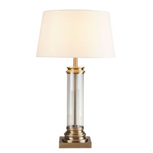 Pedestal Table Lamp - Glass Column & Antique Brass Base, Ccrain Shade