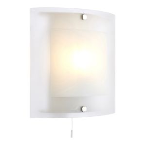 Blake 1 Light E14 Square Glass Wall Light With Polished Chrome Clips With Pull Cord Switch C/W Clear & Frosted Glass
