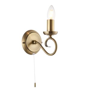 Trafford 1 Light E14 Antique Brass Wall Light With Pull Cord Switch