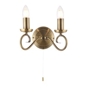 Trafford 2 Light E14 Antique Brass Wall Light With Pull Cord Switch