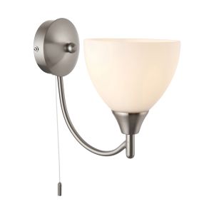 Alton 1 Light E14 Satin Chrome Wall Light With Pull Cord Switch C/W Matt Opal Glass Shades