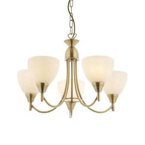 Tongan 5 Light E14 Antique Brass Adjustable Ceiling Pendant C/W Matt Opal Glass Shades