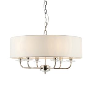 Nixon 6 Light E14 Bright Nickel Adjustable Pendant With A Touch Of Crystal C/W Vintage White Faux Silk Shade
