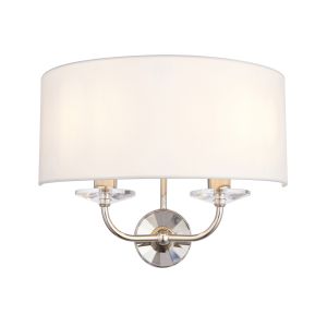 Nixon 2 Light E14 Bright Nickel Wall Light With A Touch Of Crystal C/W Vintage White Faux Silk Shade