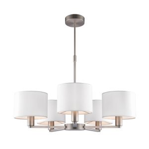 Daley 5 Light E14 Matt Nickel Adjustable Ceiling Pendant C/W White Faux Silk Shades