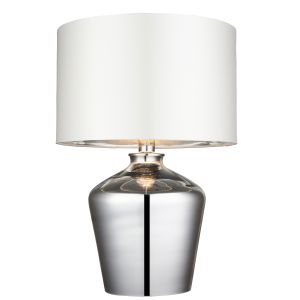 Waldorf  1 Light E27 High Shine Chromed Effect Table Lamp With Inline Switch C/W Ivory Faux Silk Shade With A Reflective Inner