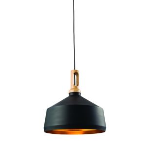 Garcia 1 Light E27 Matt Black & Light Wood Single Adjustable Pendant With Gold Hammered Inner Effect