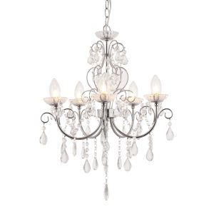 Tabitha 5 Light G9 Polished Chrome IP44 Adjustable Bathroom Pendant Chandelier With Clear Faceted Crystals