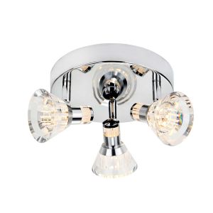 Dimmable Flute - IP44 Dimmable 3 Light LED Spot Round Plate, Chrome, Clear Acrylic Shade