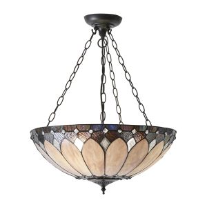 Brooklyn 3 Light E27 Dark Bronze Large Inverted Adjustable Pendant C/W Tiffany Shade