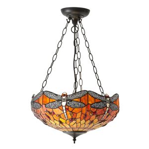 Dragonfly 3 Light E27 Dark Bronze Medium Adjustable Inverted Pendant C/W Oranges & Reds Tiffany Shade