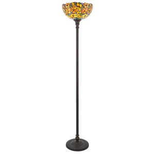 Josette 1 Light E27 Dark Bronze Uplighter Floor Lamp With Inline Foot Switch C/W Flowered Tiffany Shade