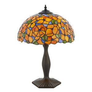 Josette 1 Light E27 Dark Bronze Medium Table Lamp With Inline Switch C/W Flowered Tiffany Shade