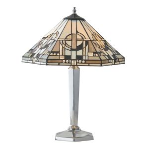 Metropoemersonn 2 Light E27 Polished Aluminium Medium Table Lamp With Inline Switch C/W Art Deco Tiffany Shade