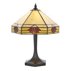 Nevada 2 Light E27 Dark Bronze Small Table Lamp With Inline Switch C/W Art Deco Tiffany Shade