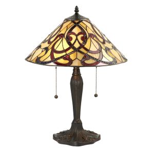 Ruban 2 Light E27 Dark Bronze Medium Table Lamp With Lampholder Pull Cord Switch C/W Red & Ccrain Tiffany Shade