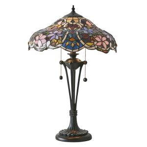Sullivan 2 Light Dark Bronze Medium Table Lamp With Lampholder Pull Cord Switch C/W Coloured Floral Tiffany Shade