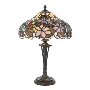 Sullivan 2 Light Dark Bronze Small Table Lamp With Inline Switch C/W Coloured Brontel Tiffany Shade