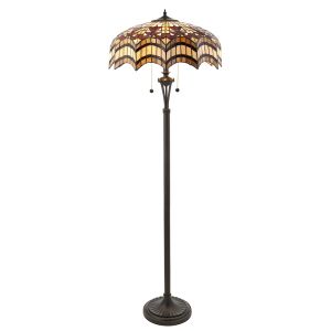 Vesta 2 Light E27 Dark Bronze Floor Lamp With Lampholder Pull Cord Switch C/W Scalloped Edge Tiffany Shade