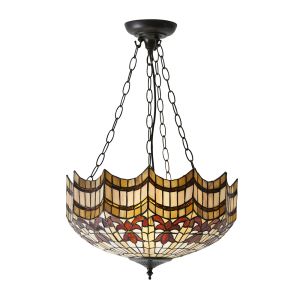 Vesta 3 Light E27 Dark Bronze Adjustable Inverted Pendant C/W Scalloped Edge Tiffany Shade