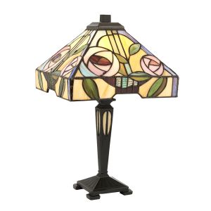 Willow 1 Light E14 Dark Bronze Small Table Lamp With Inline Switch C/W Rose Design Square Tiffany Shade