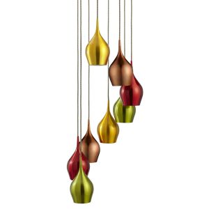 Vibrant 8 Light Multi-Drop Coloured (Red, Green, Gold, Copper) Shades