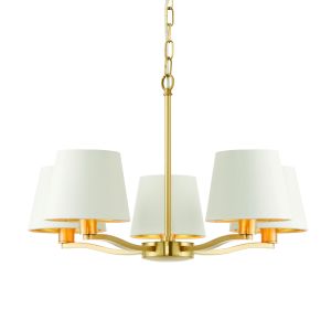 Harvey 5 Light E14 Brushed Gold Adjustable Ceiling Pendant C/W Faux Silk Vintage White Fabric Shade